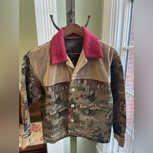 Vintage Handmade Cottage Jacquard Tapestry Jacket | Wooden Buttons | Small